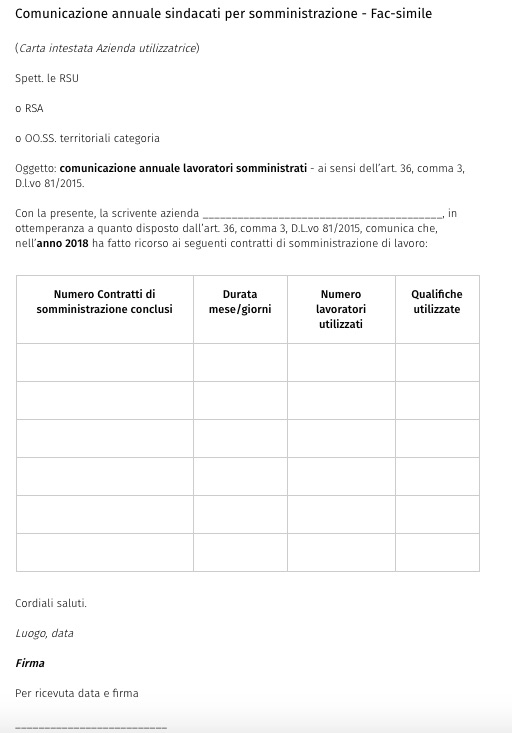 Comunicazione annuale sindacati per somministrazione - Fac-simile